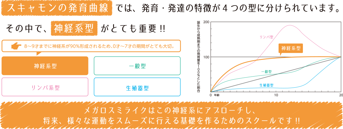 スキャモンの発育曲線では、発育、発達の特徴が4つの型に分けられています。その中で、神経系型がとても重要!