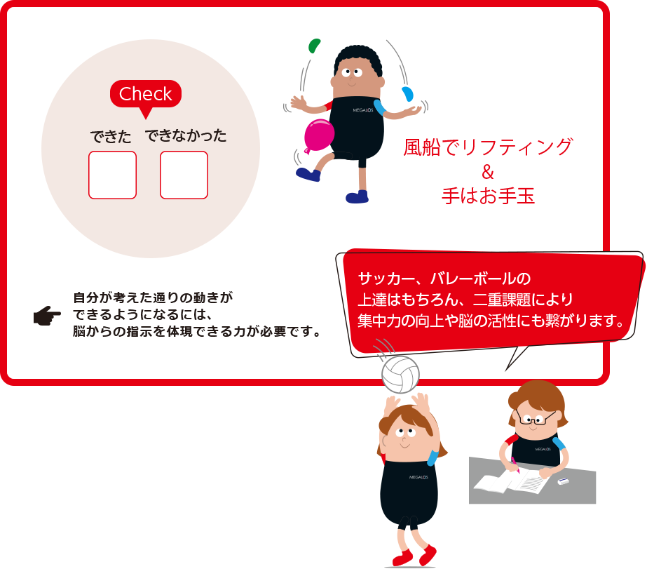 風船でリフティング&手はお手玉 サッカー、バレーボールの上達はもちろん、二重課題により集中力の向上や脳の活性にも繋がります。